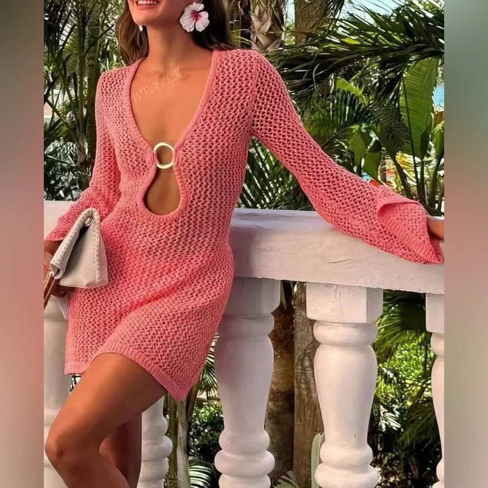 Women's Pink Crochet Swim Coverup Mini Dress